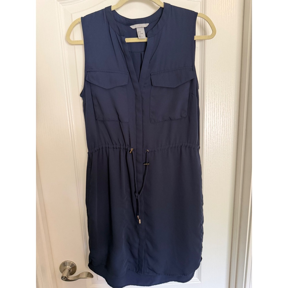 H&M Navy Blue Utility Dress Women Sleeveless Drawstring Waist Poly EUC 8
